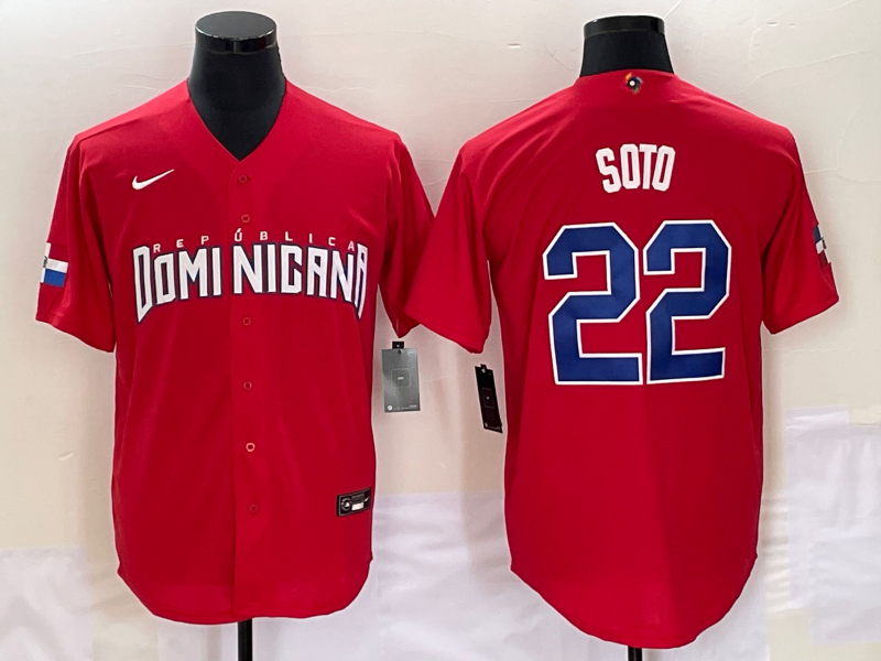 Men's Dominican Republic Baseball #22 Juan Soto 2023 Red World Baseball Classic Stitched Jersey Men's Dominican Republic Baseball #22 Juan Soto 2023 Red World Baseball Classic Stitched Jersey